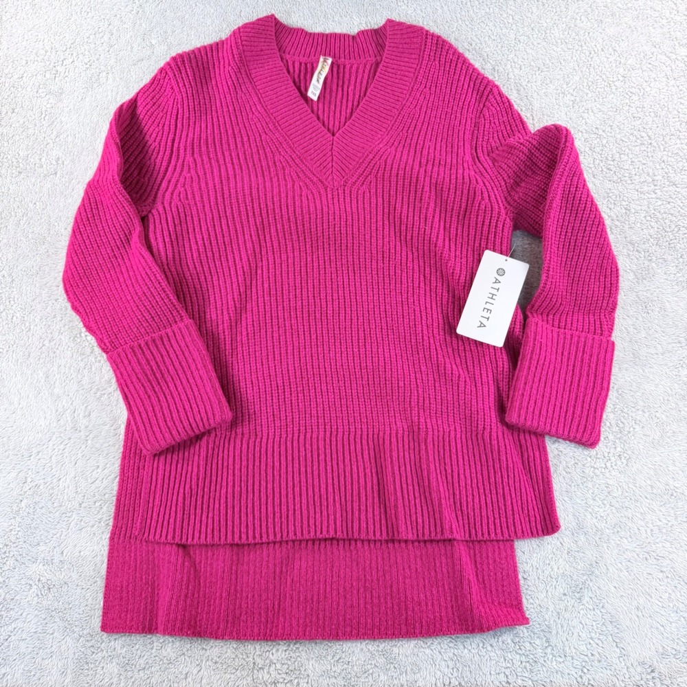 Athleta Shasta V Neck Sweater Womens XXS Pink Ribbed Wool Blend Oversized Hi-Low